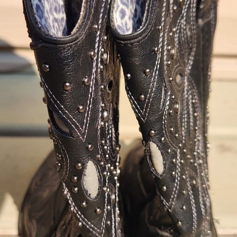 Dingo Womens Black Studded Cowboy Boots Floral Embroidered Western Size 8M - Picture 10 of 15